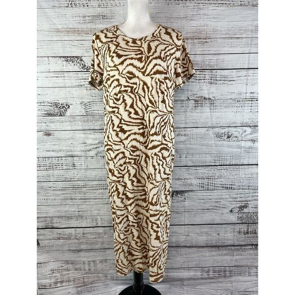 Nine West Dress size Extra Large Brown Tiger Straight Midi Jersey Stretch Modest - Picture 2 of 12